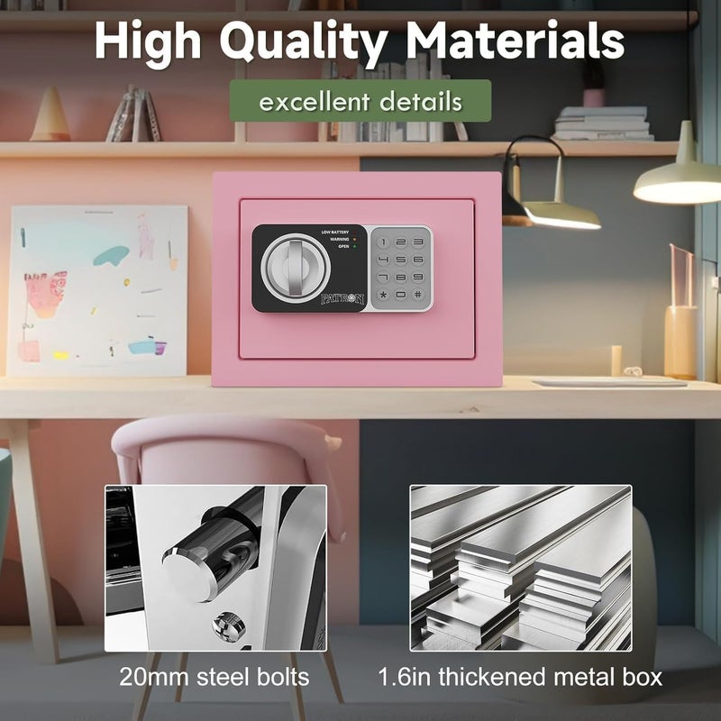 Patron small safe box with key，mini safe for money，small coin safes for home with code，0.236 Cubic Feet Pink - Image 3